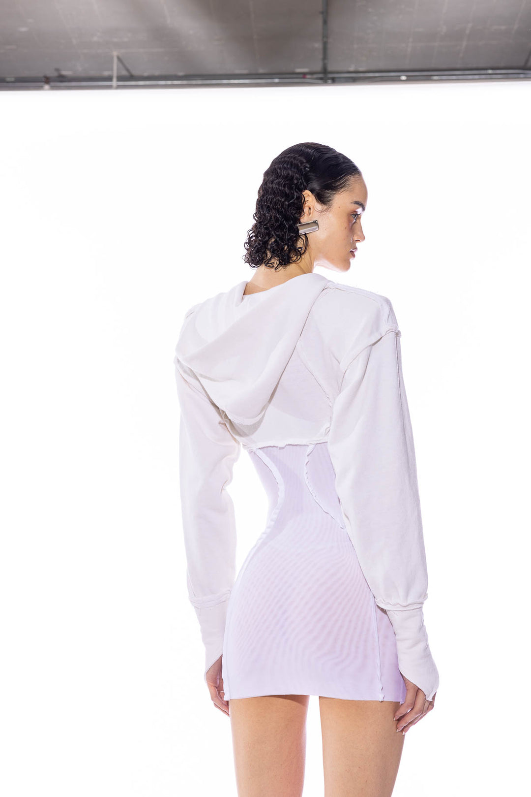 OPEN SEAM ZIP HOODIE DRESS IN WHITE