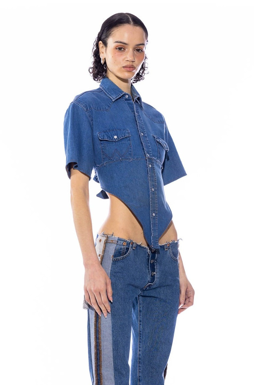 V CUT OPEN BACK SHORT SLEEVE COLLARED SHIRT IN VINTAGE DENIM
