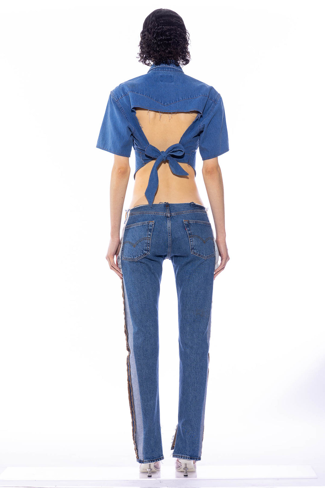 V CUT OPEN BACK SHORT SLEEVE COLLARED SHIRT IN VINTAGE DENIM
