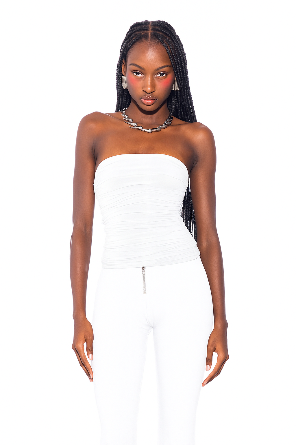 SHIRRED TUBE TOP IN WHITE ECO MESH