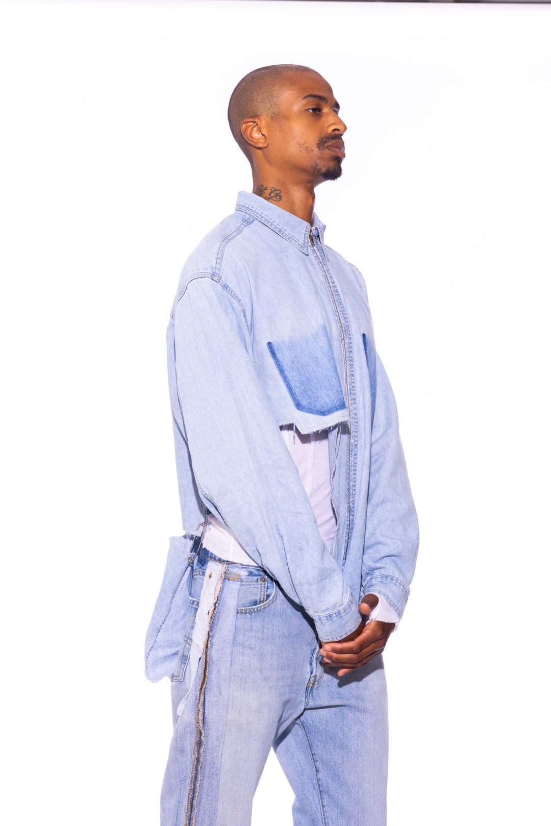 RAW ZIP-UP COLLARED SHIRT IN VINTAGE DENIM