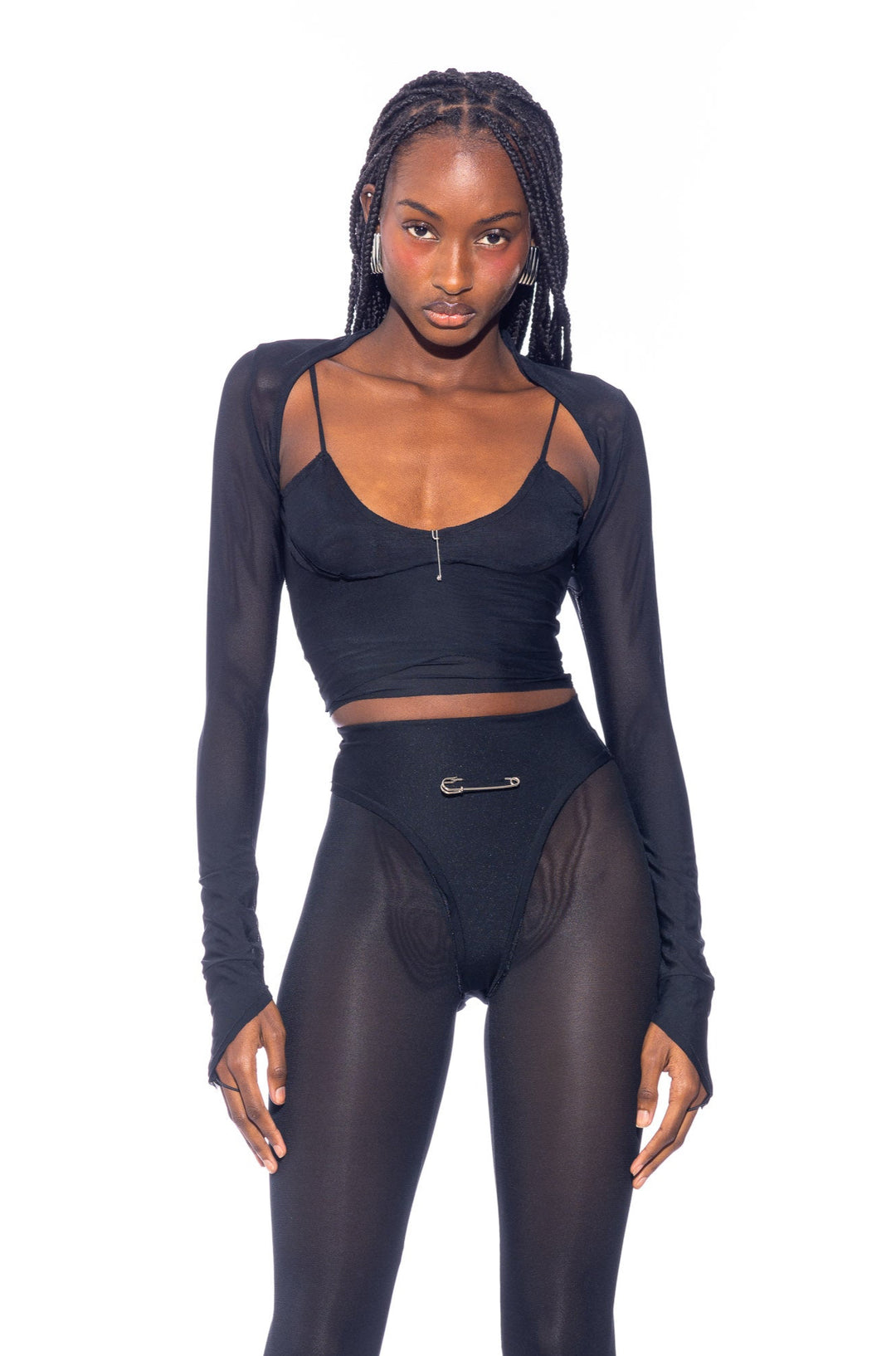 V CUT SHRUG IN BLACK ECO MESH