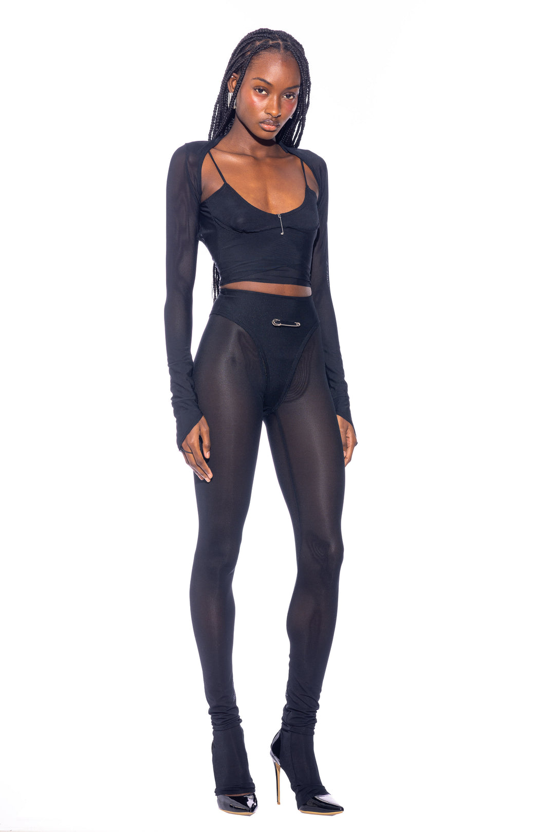V CUT SHRUG IN BLACK ECO MESH