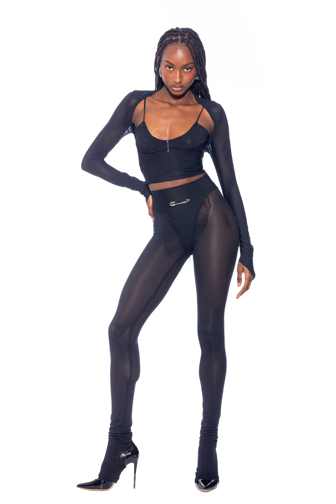 V CUT SHRUG IN BLACK ECO MESH