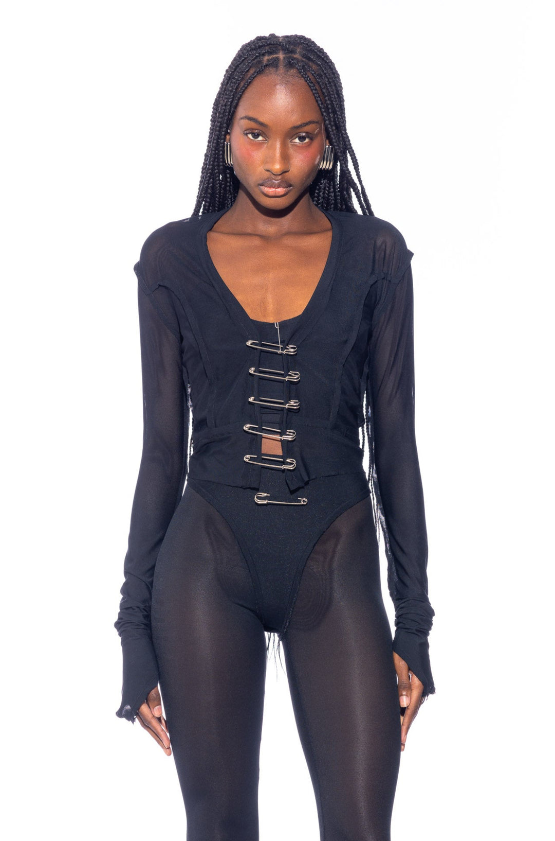SAFETY PIN CARDIGAN IN BLACK ECO MESH