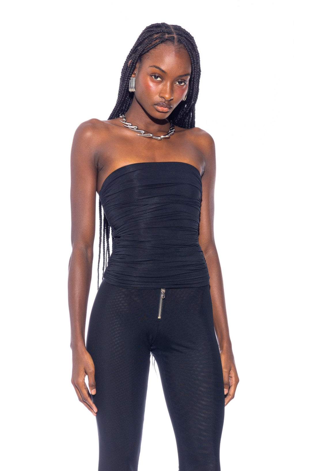 SHIRRED TUBE TOP IN BLACK ECO MESH