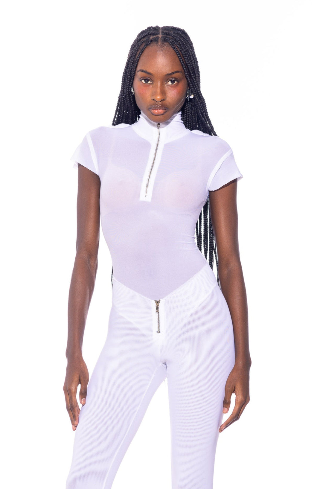 CAP SLEEVE BODYSUIT IN WHITE ECO MESH