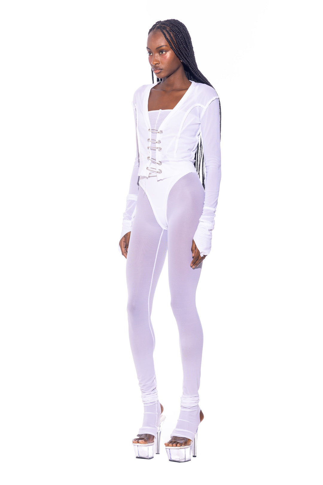 SAFETY PIN CARDIGAN IN WHITE ECO MESH