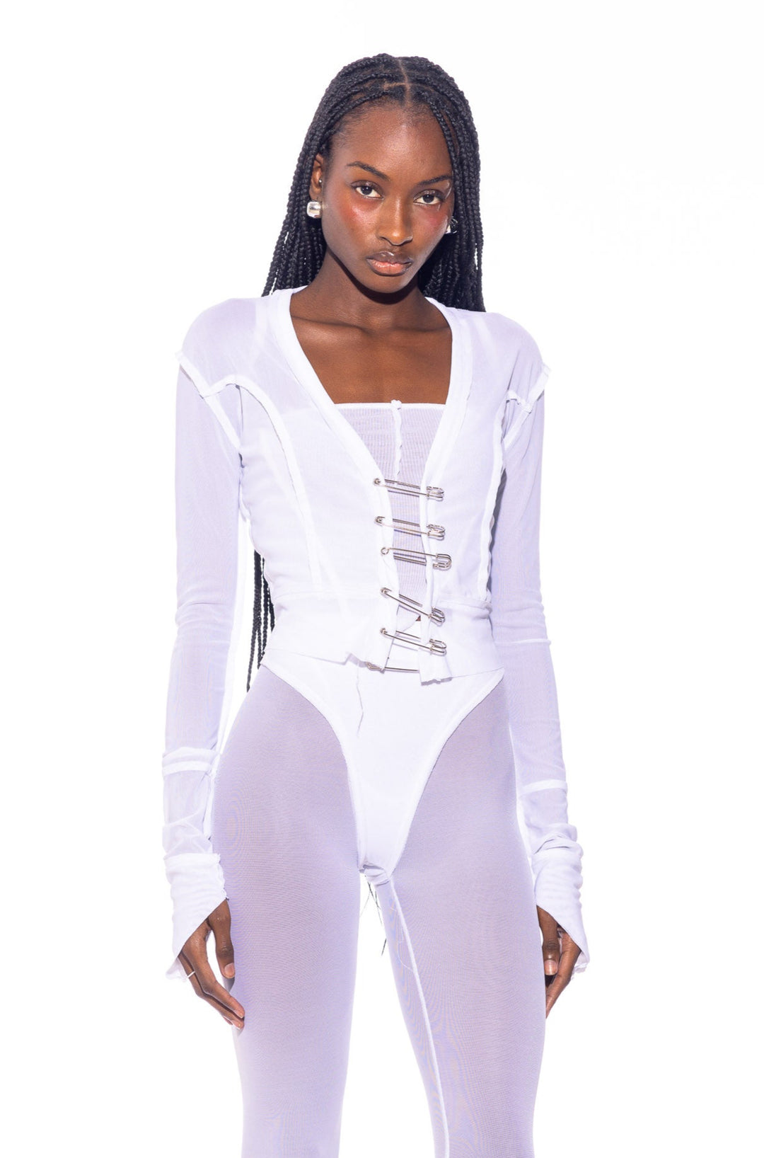 SAFETY PIN CARDIGAN IN WHITE ECO MESH