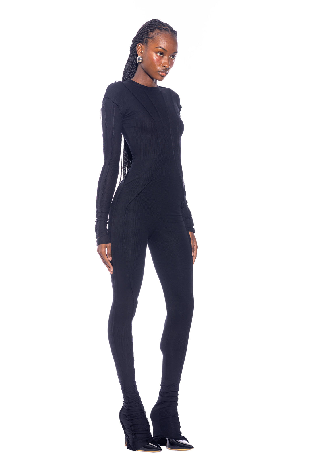OPEN SEAM CATSUIT IN BLACK RIB