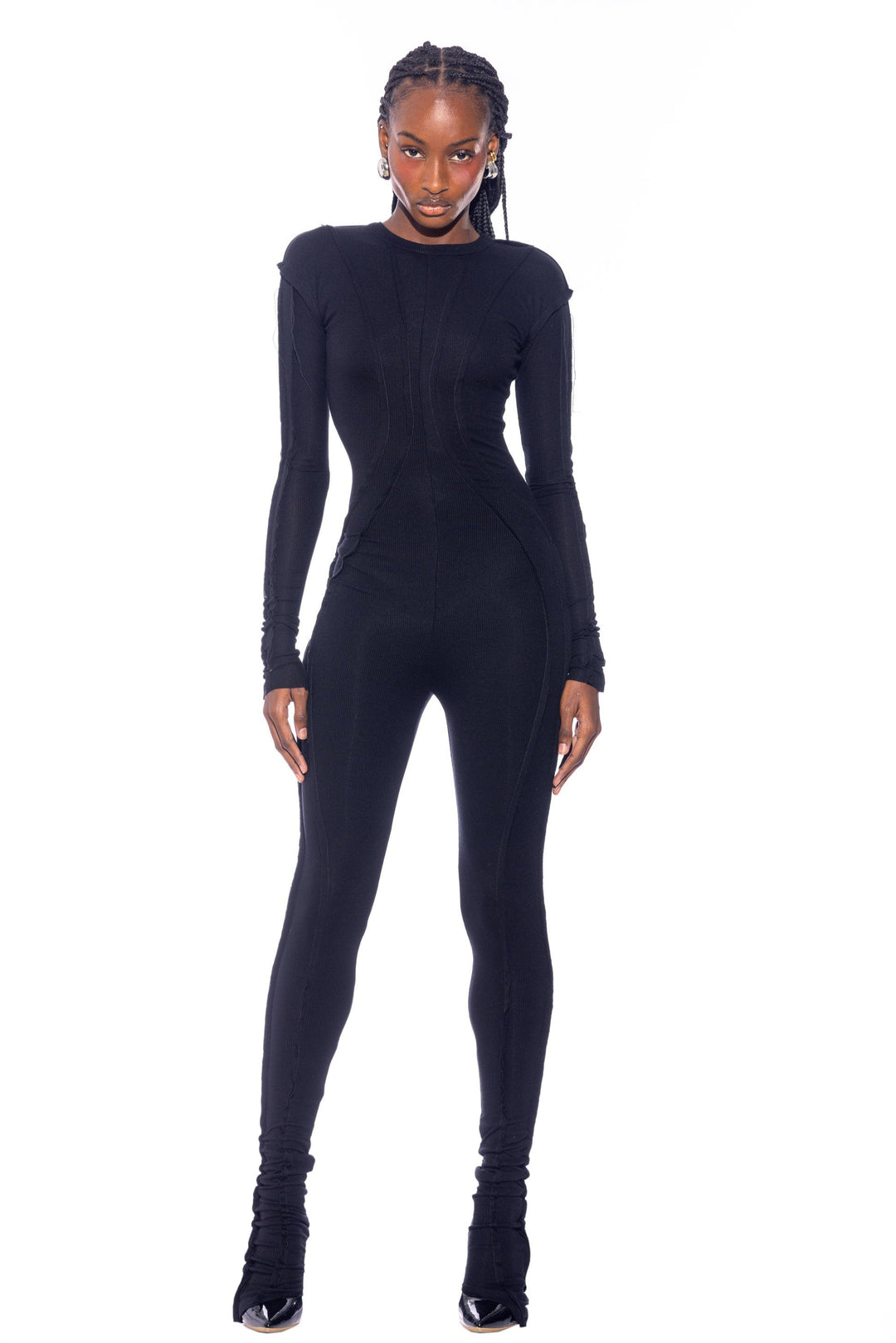OPEN SEAM CATSUIT IN BLACK RIB