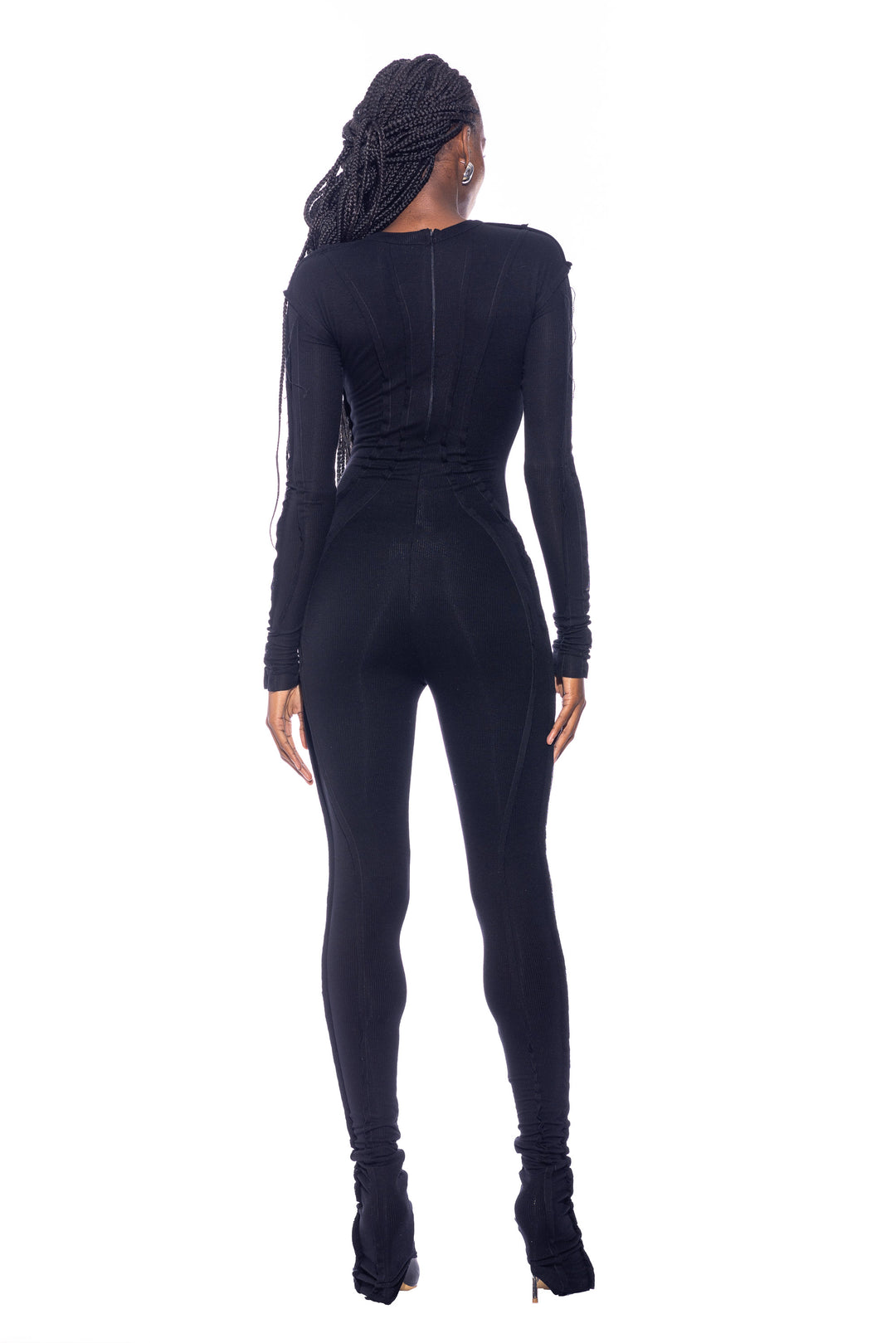 OPEN SEAM CATSUIT IN BLACK RIB