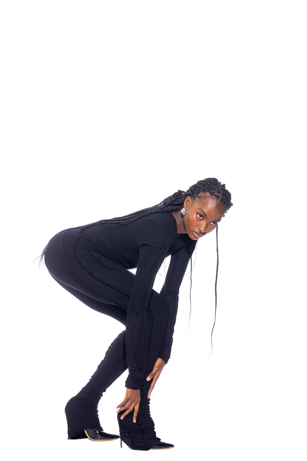 OPEN SEAM CATSUIT IN BLACK RIB