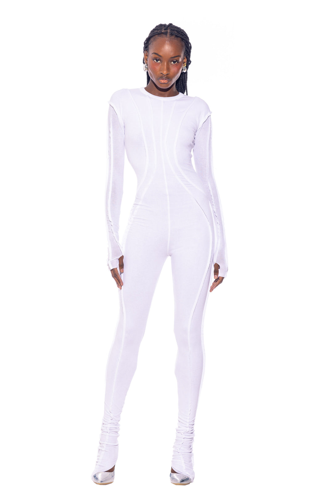 OPEN SEAM CATSUIT IN WHITE RIB