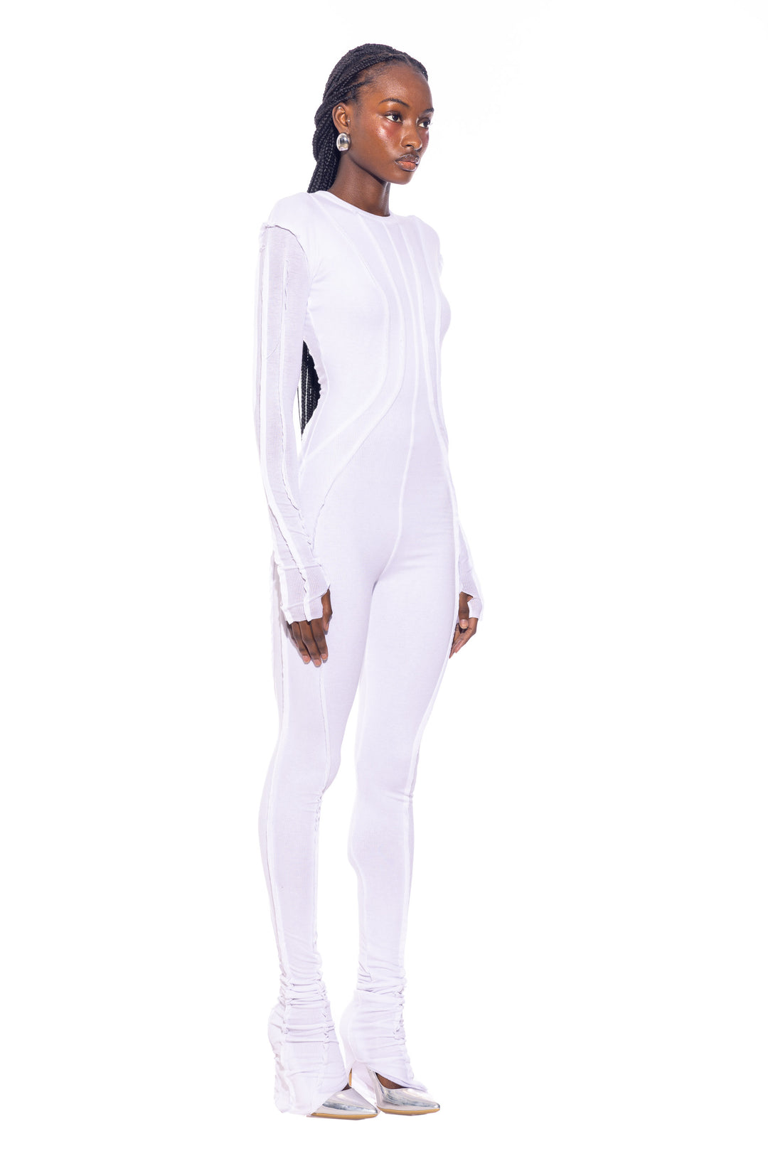 OPEN SEAM CATSUIT IN WHITE RIB