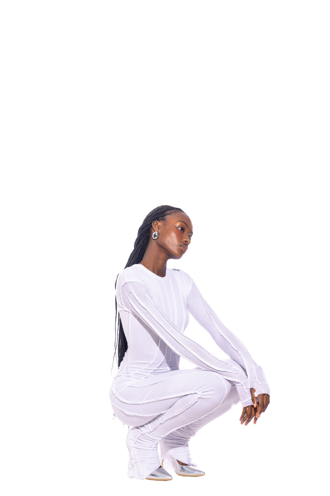 OPEN SEAM CATSUIT IN WHITE RIB