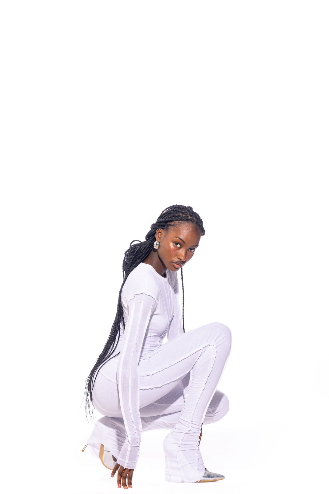 OPEN SEAM CATSUIT IN WHITE RIB
