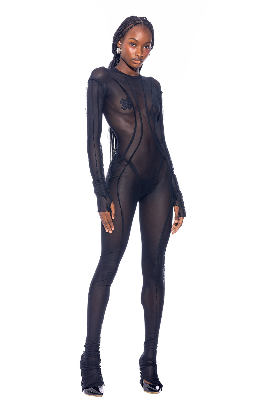 OPEN SEAM CATSUIT IN BLACK ECO MESH
