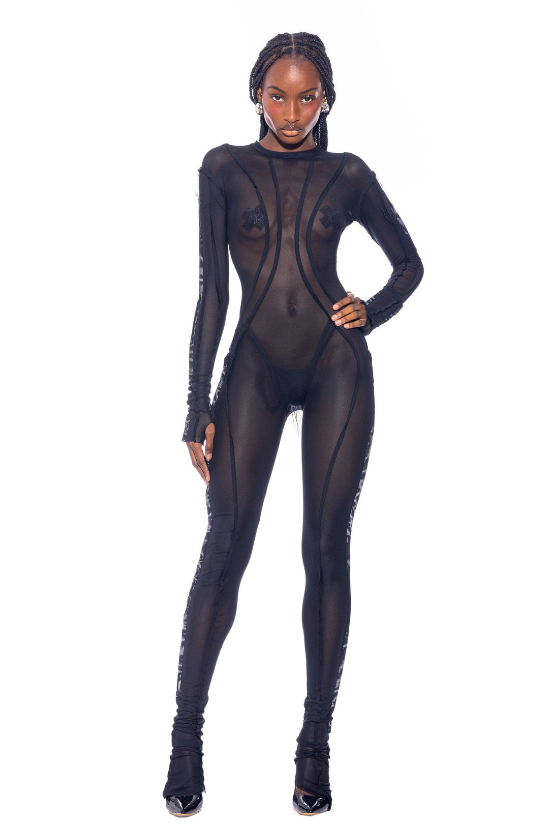 OPEN SEAM CATSUIT IN BLACK ECO MESH