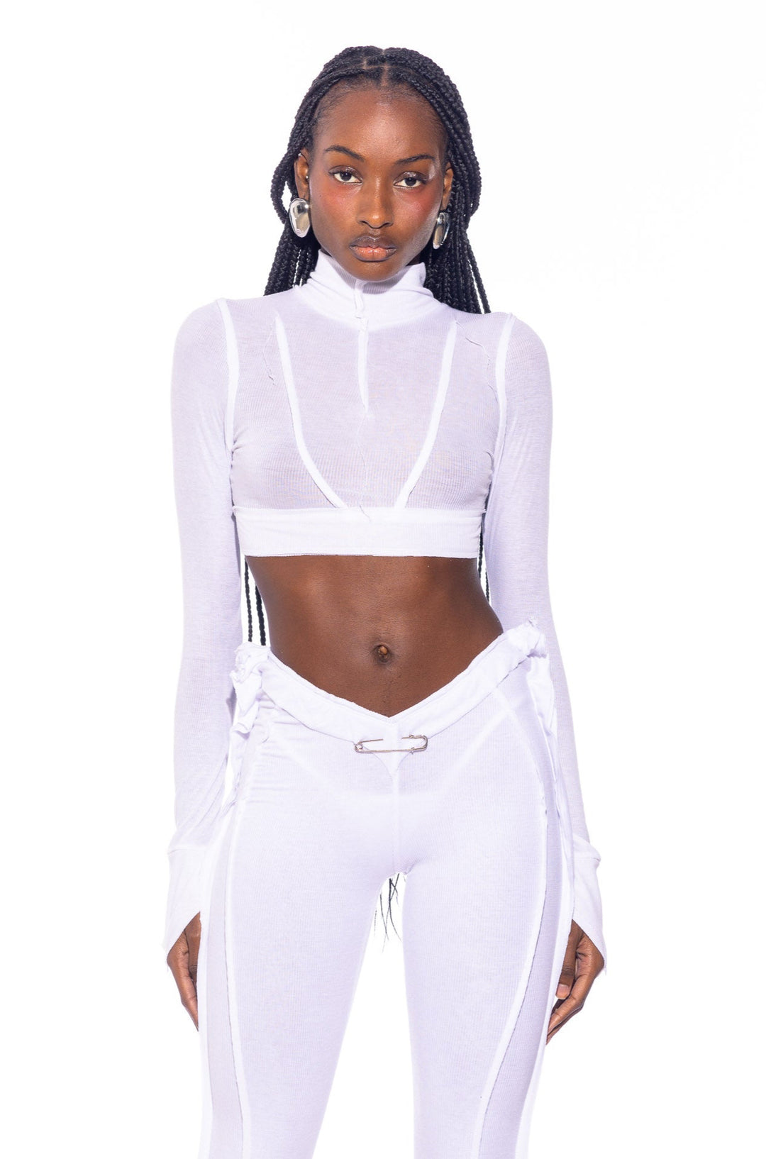 OPEN SEAM HIGH NECK CROP TOP IN WHITE RIB