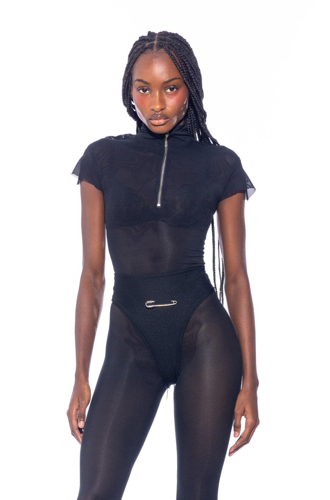 CAP SLEEVE BODYSUIT IN BLACK ECO MESH
