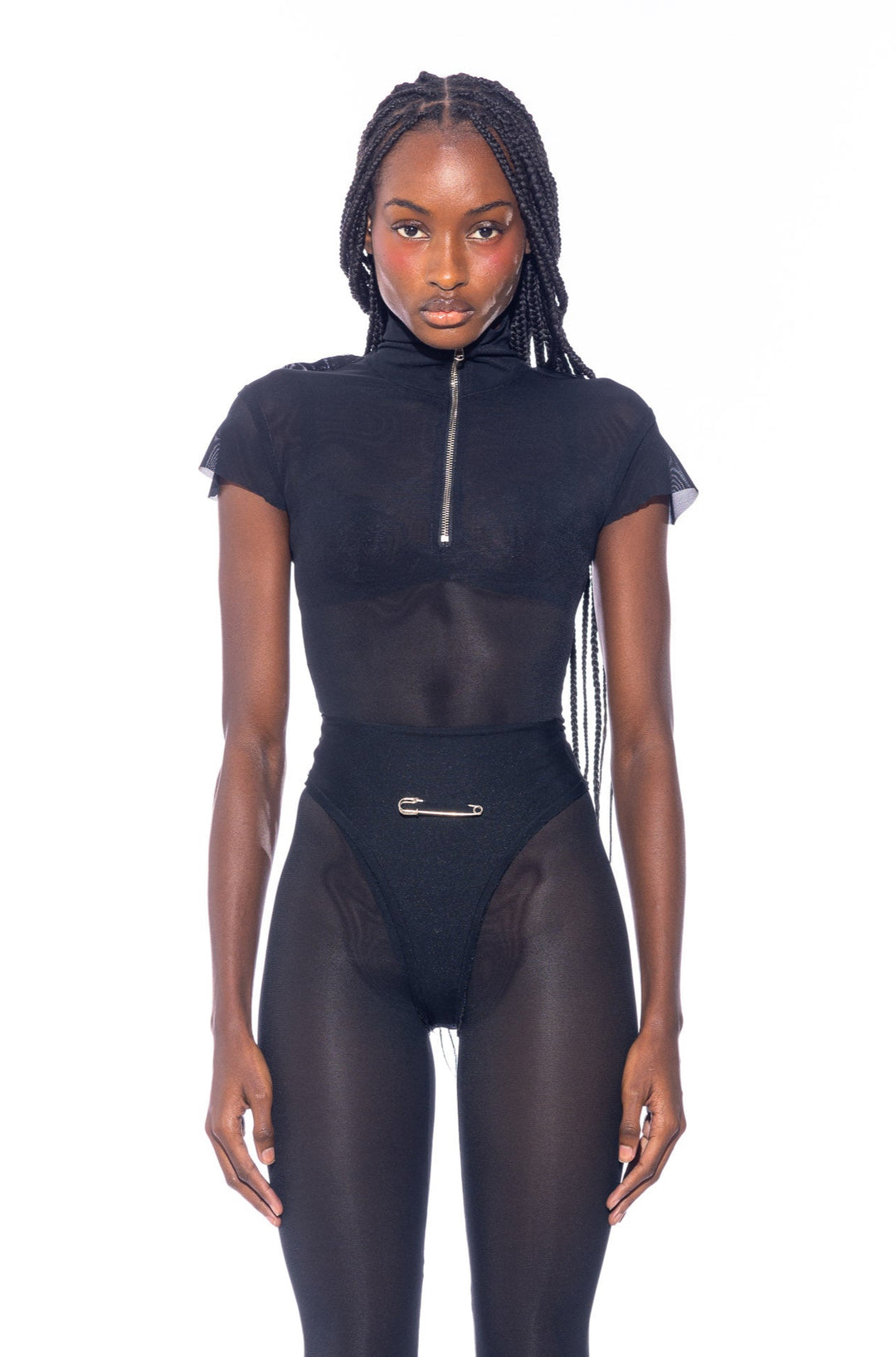 CAP SLEEVE BODYSUIT IN BLACK ECO MESH