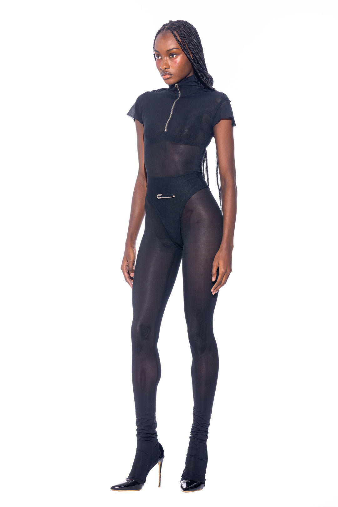 CAP SLEEVE BODYSUIT IN BLACK ECO MESH