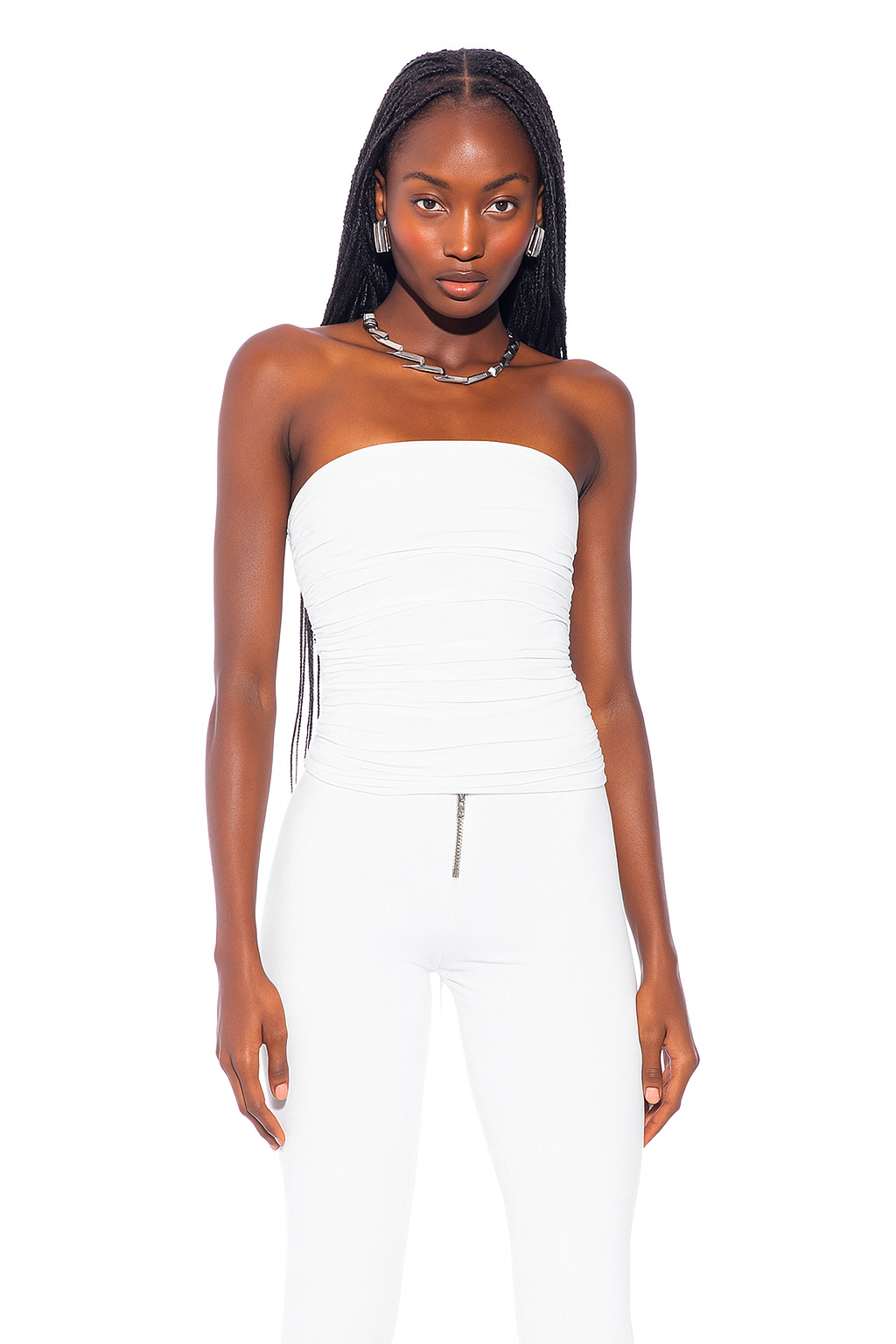 SHIRRED TUBE TOP IN WHITE ECO MESH