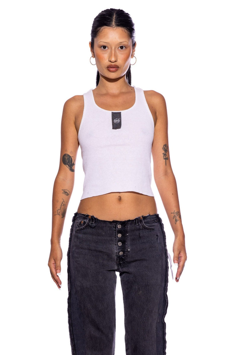 Sami Miro Vintage - BLACK DENIM SCRAP TANK IN WHITE – SAMI MIRO Sami Miro Vintage - BLACK DENIM SCRAP TANK IN WHITE – SAMI MIRO