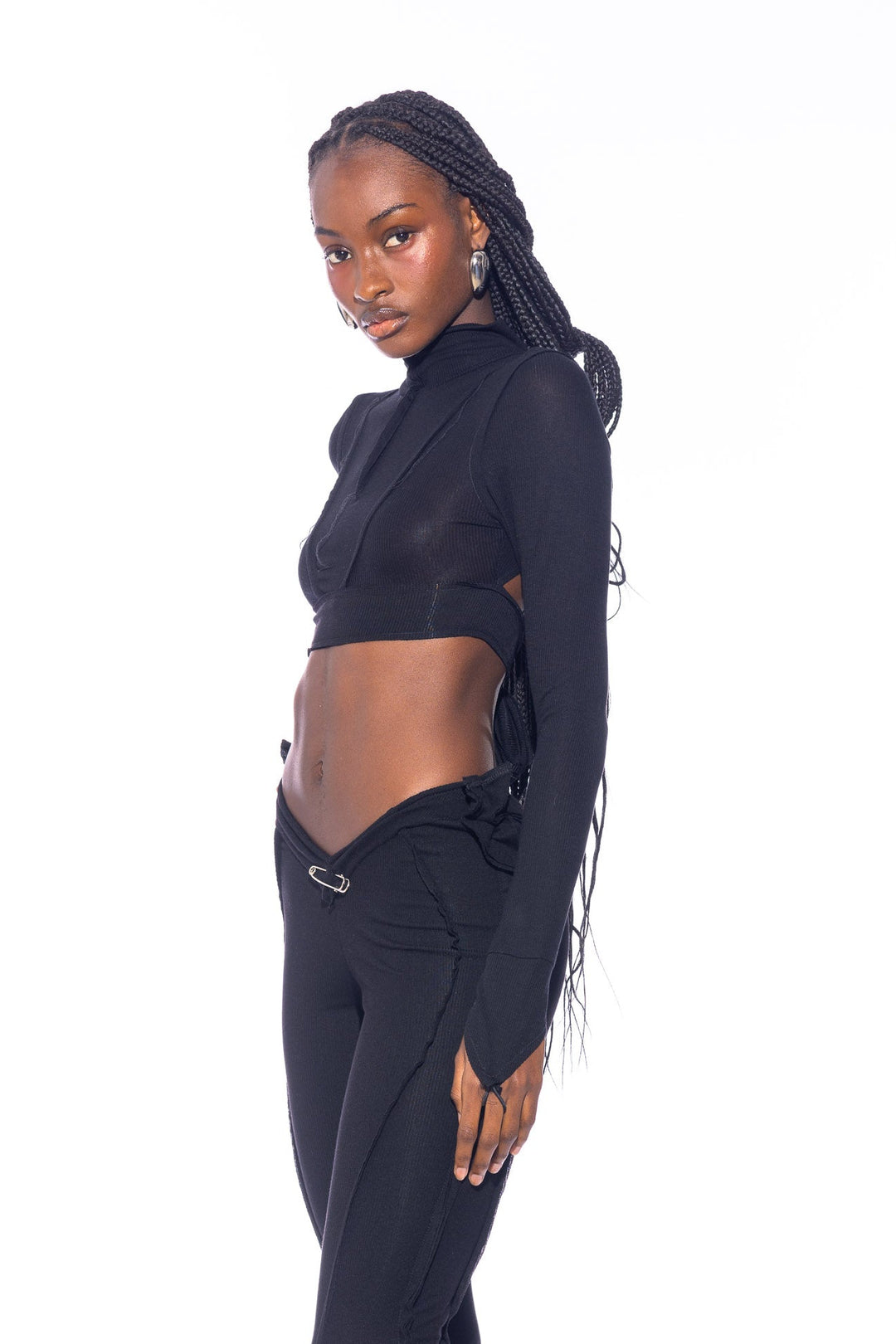 OPEN SEAM HIGH NECK CROP TOP IN BLACK RIB