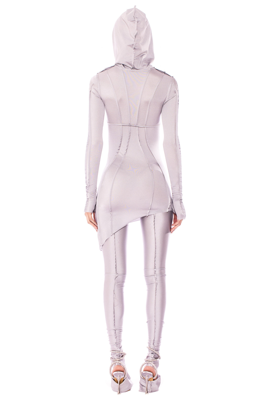ASYMMETRIC HOODIE DRESS IN SILVER STRETCH