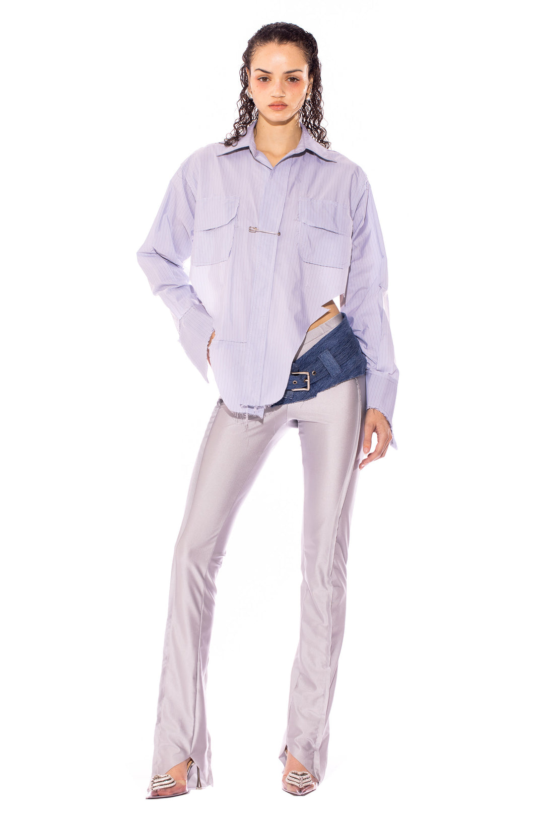 V CUT SAFETY PIN BLOUSE IN BLUE PIN