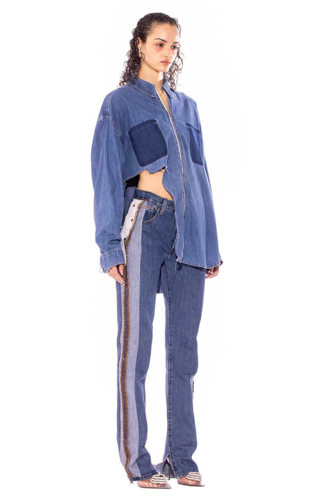 RAW ZIP-UP COLLARED SHIRT IN VINTAGE DENIM