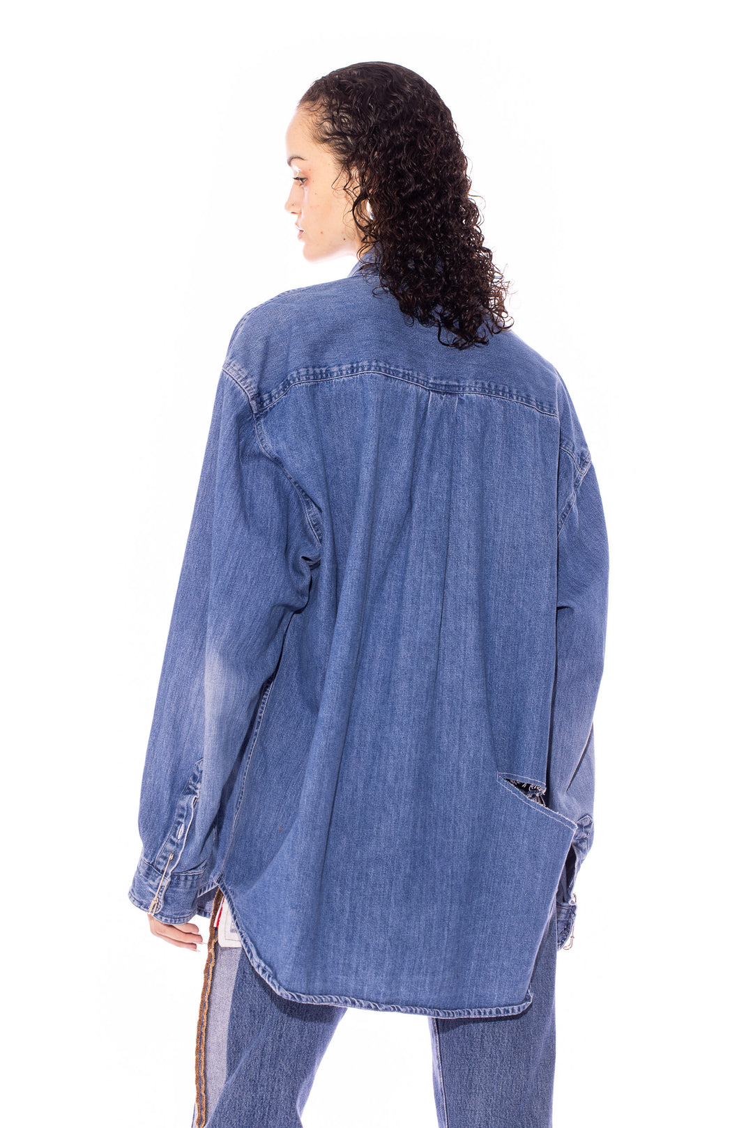 RAW ZIP-UP COLLARED SHIRT IN VINTAGE DENIM