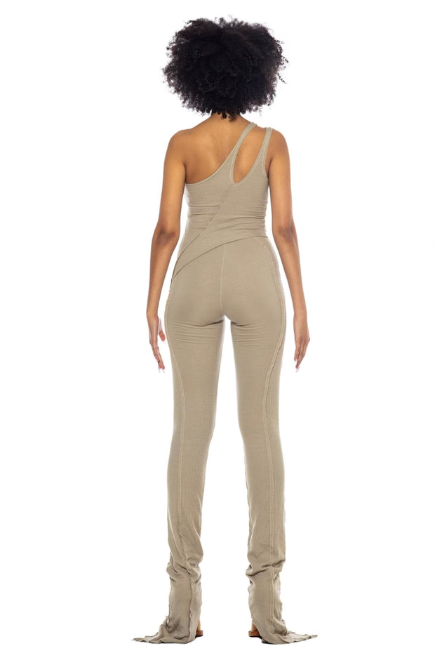 ASYMMETRIC ONE SHOULDER TANK IN TAUPE RIB