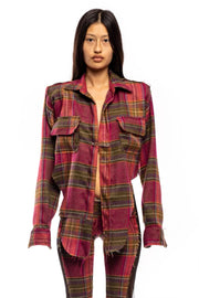 V CUT BUTTON UP IN WARM PLAID