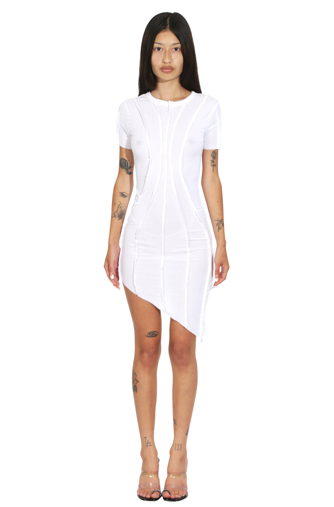 ASYMMETRIC SHORT SLEEVE MINI DRESS IN WHITE RIB