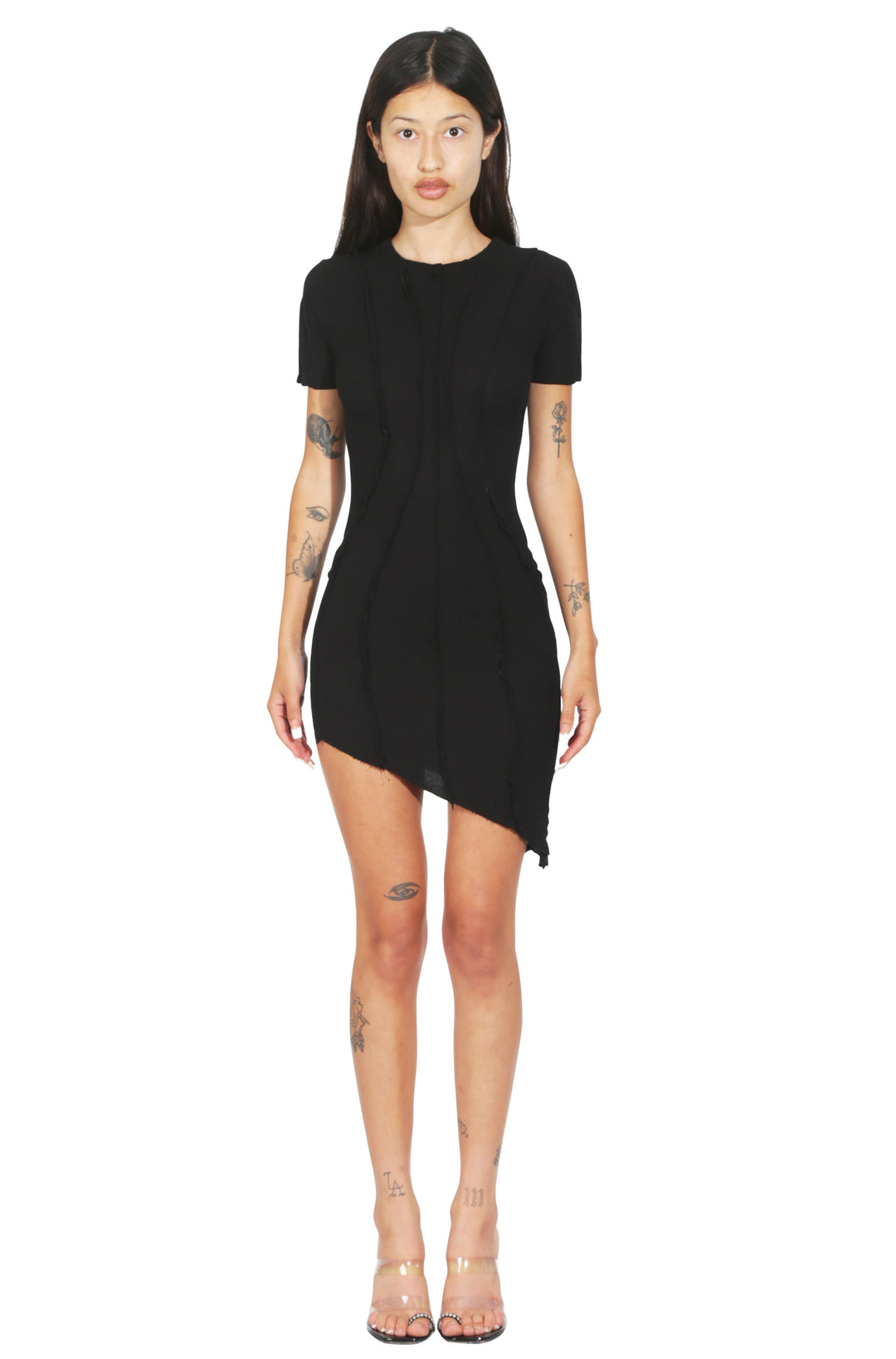 ASYMMETRIC SHORT SLEEVE MINI DRESS IN BLACK RIB