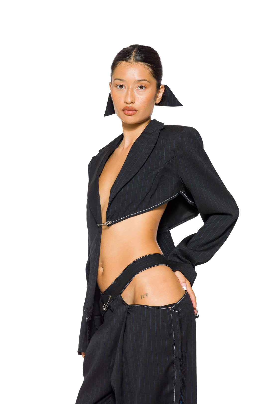 CUTOUT TROUSER IN BLACK PIN STRIPE SUITING