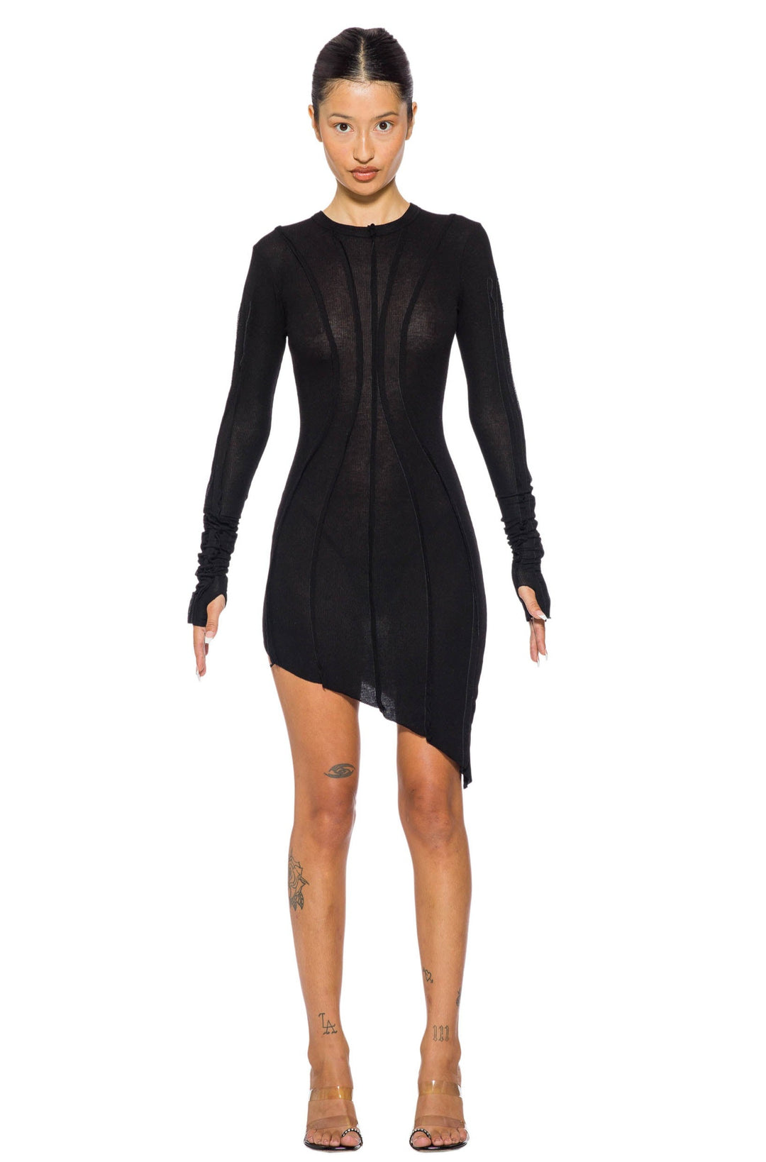 ASYMMETRIC LONG SLEEVE MINI DRESS IN BLACK RIB