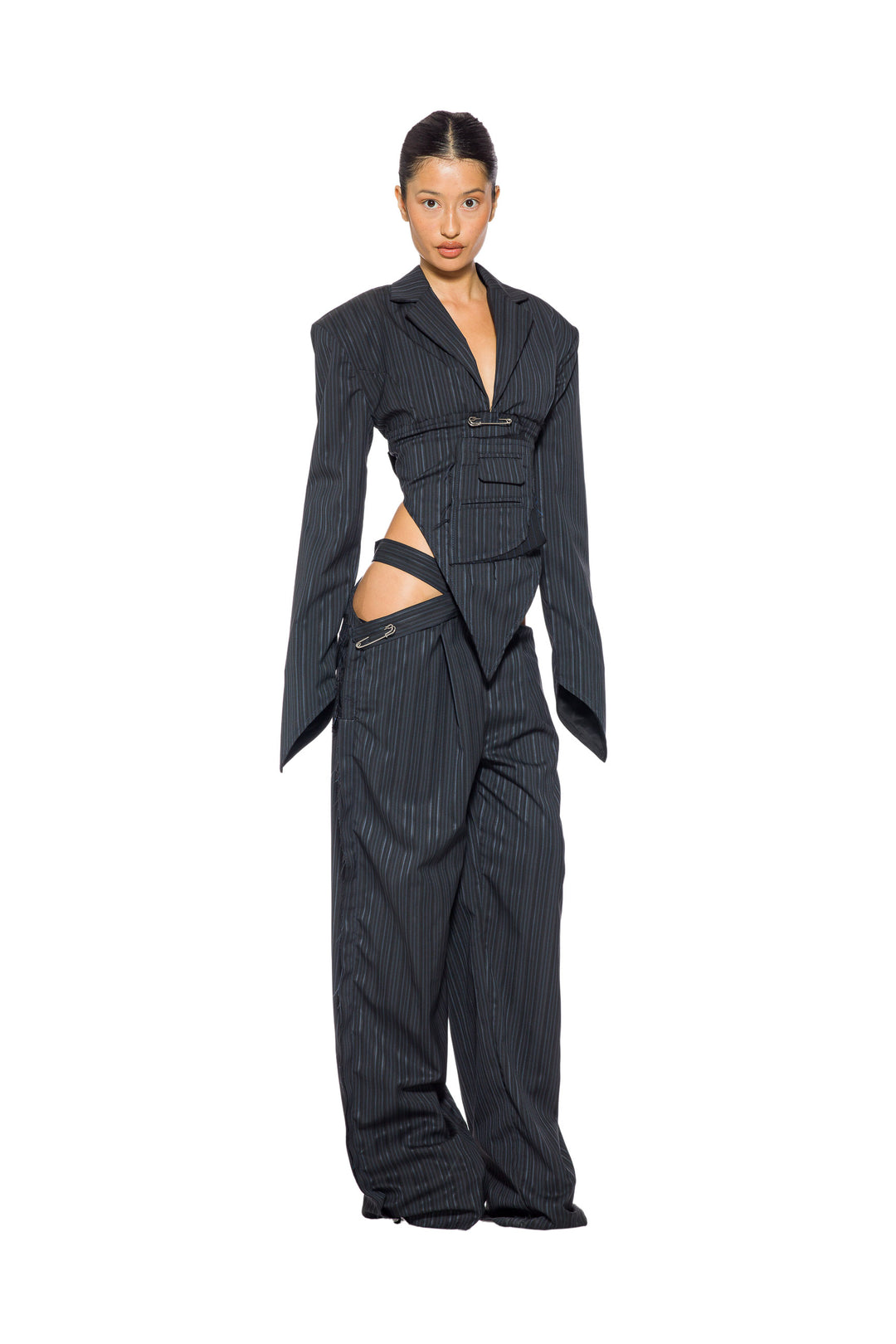 V CUT OPEN BACK BLAZER IN BLUE MULTI STRIPE SUITING