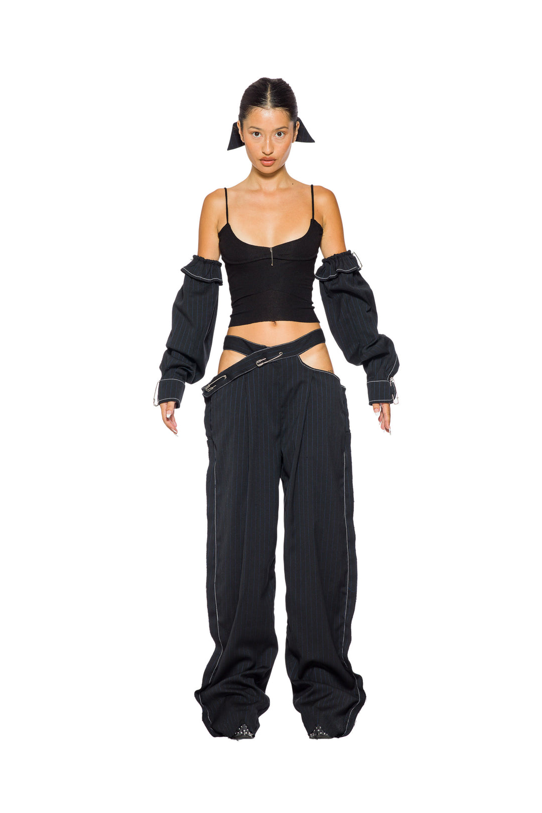 CUTOUT TROUSER IN BLACK PIN STRIPE SUITING