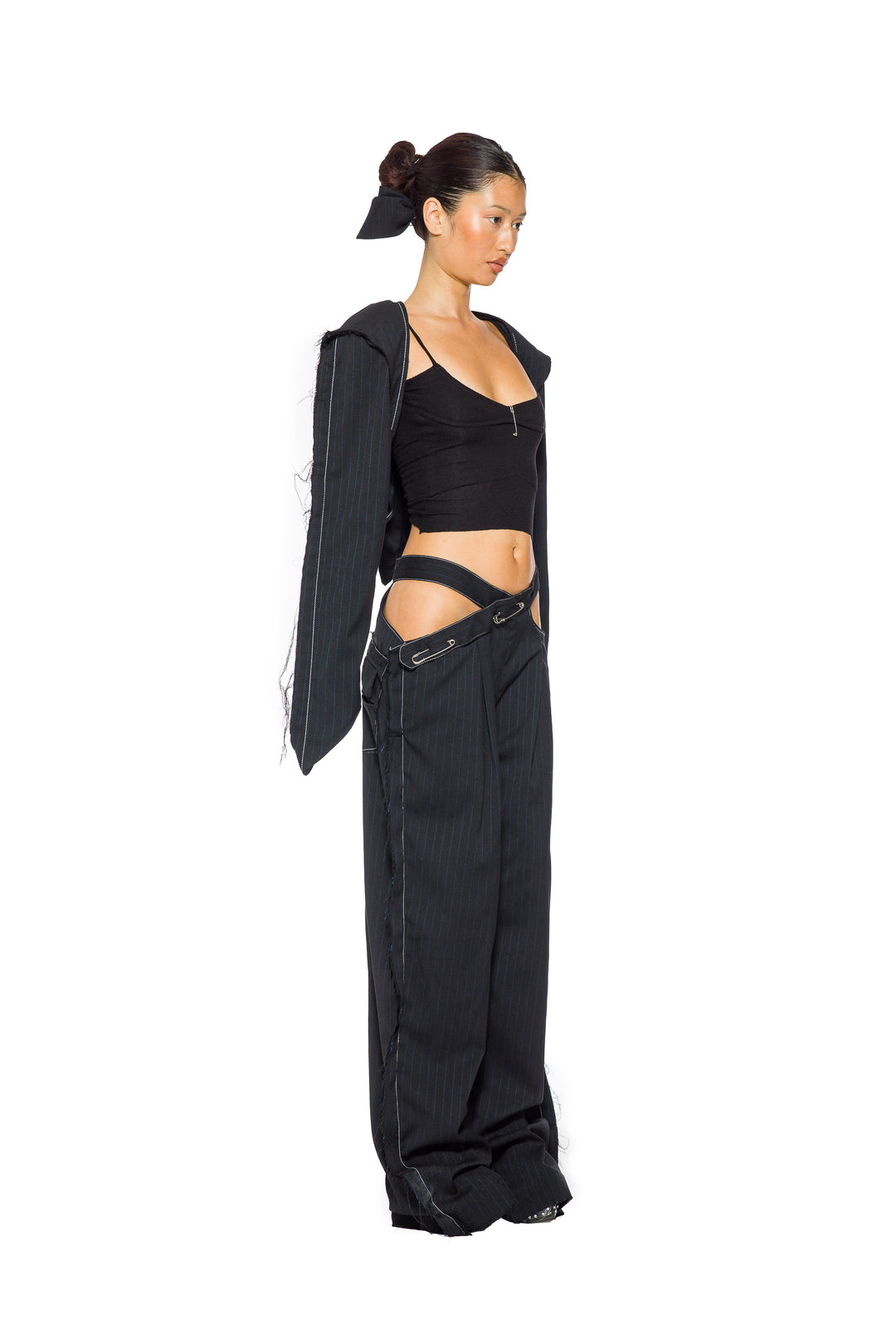 CUTOUT TROUSER IN BLACK PIN STRIPE SUITING