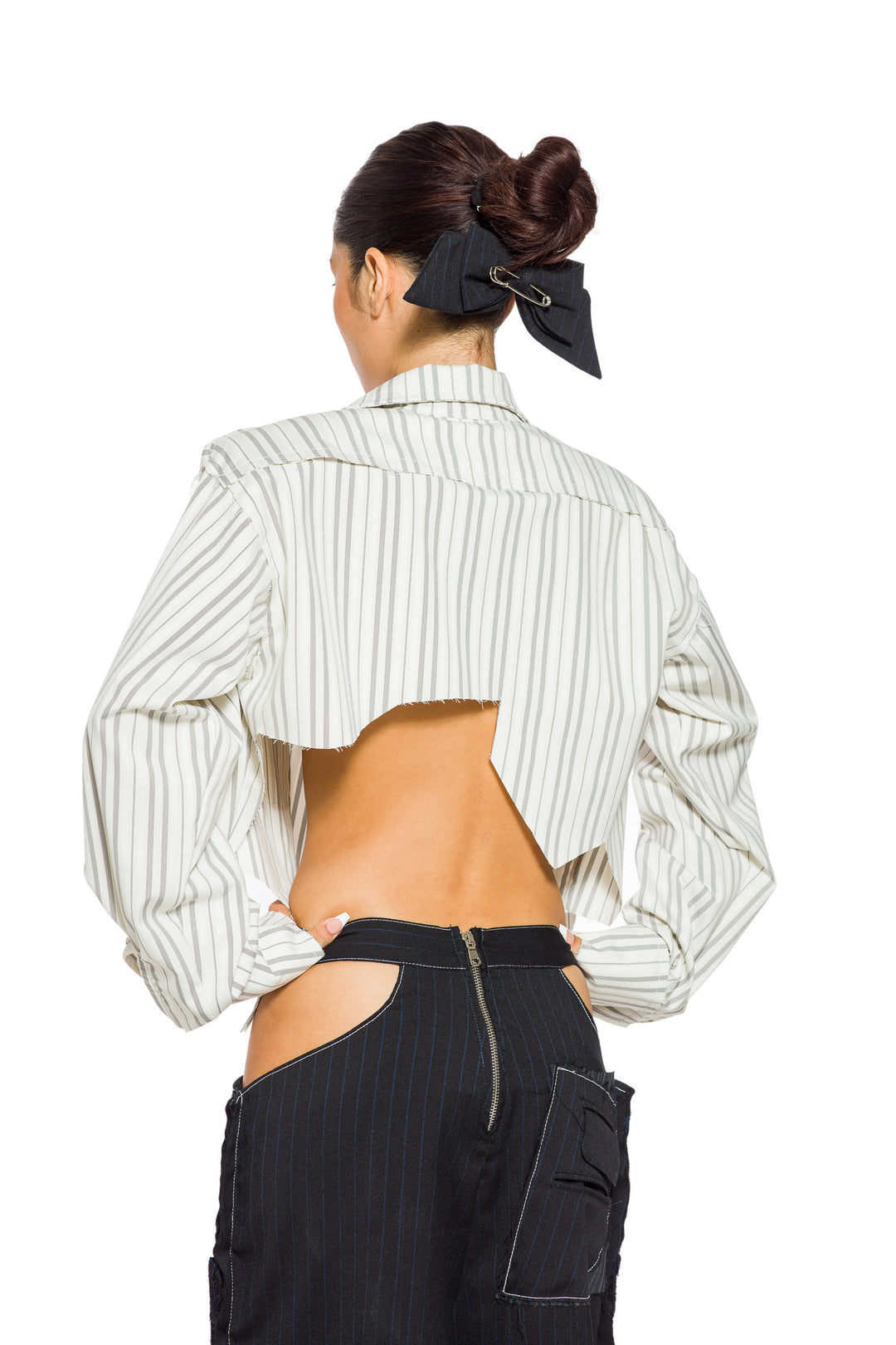 CUTOUT TROUSER IN BLACK PIN STRIPE SUITING