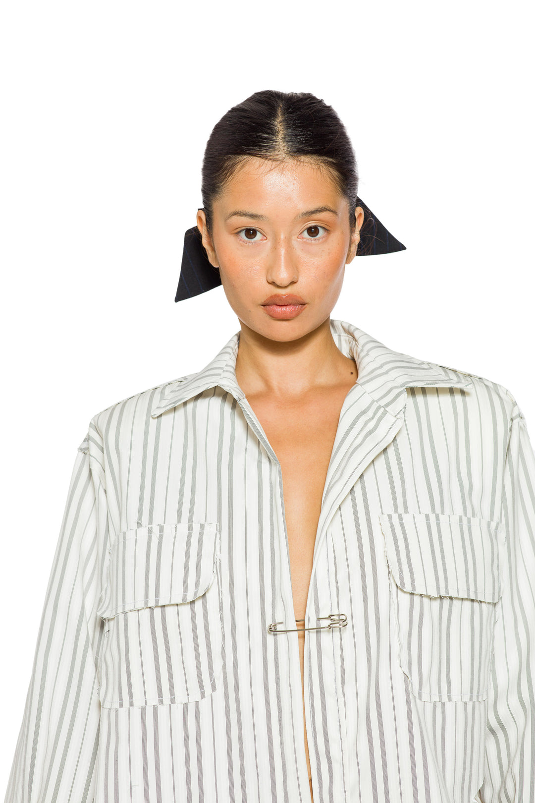 SAFETY PIN BOW TIE IN BLUE MULTI STRIPE SUITING