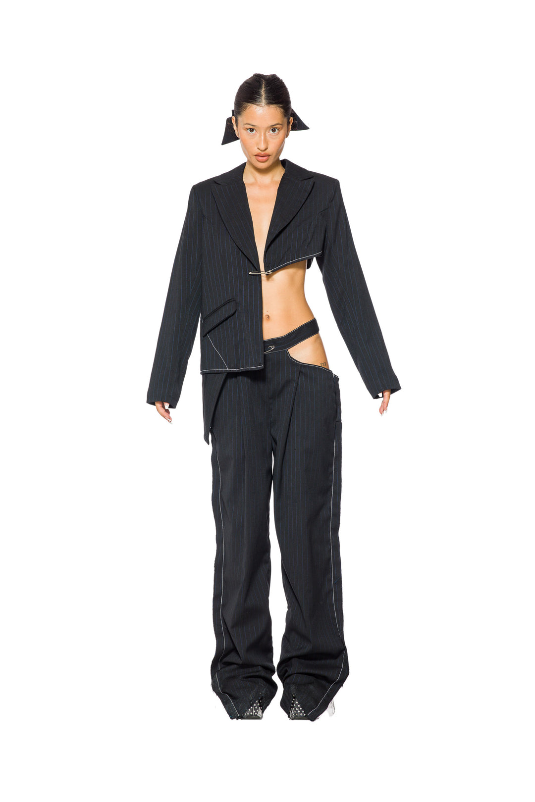CUTOUT TROUSER IN BLACK PIN STRIPE SUITING
