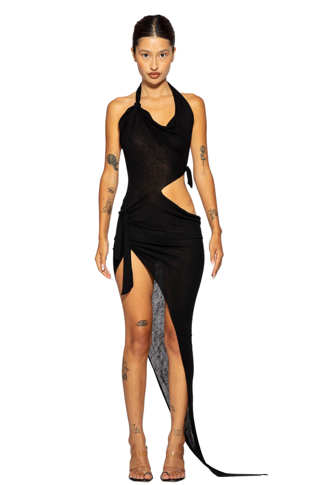 TIED UP ASYMMETRIC CUTOUT DRESS IN BLACK RIB