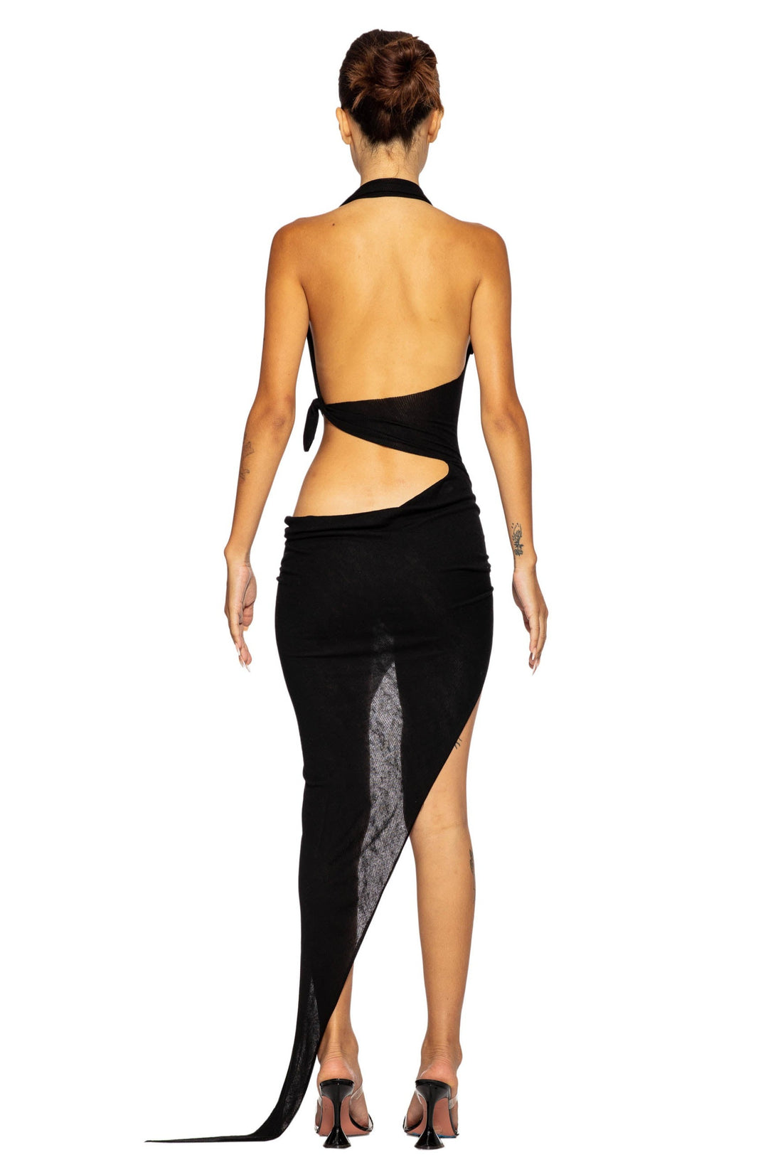 TIED UP ASYMMETRIC CUTOUT DRESS IN BLACK RIB