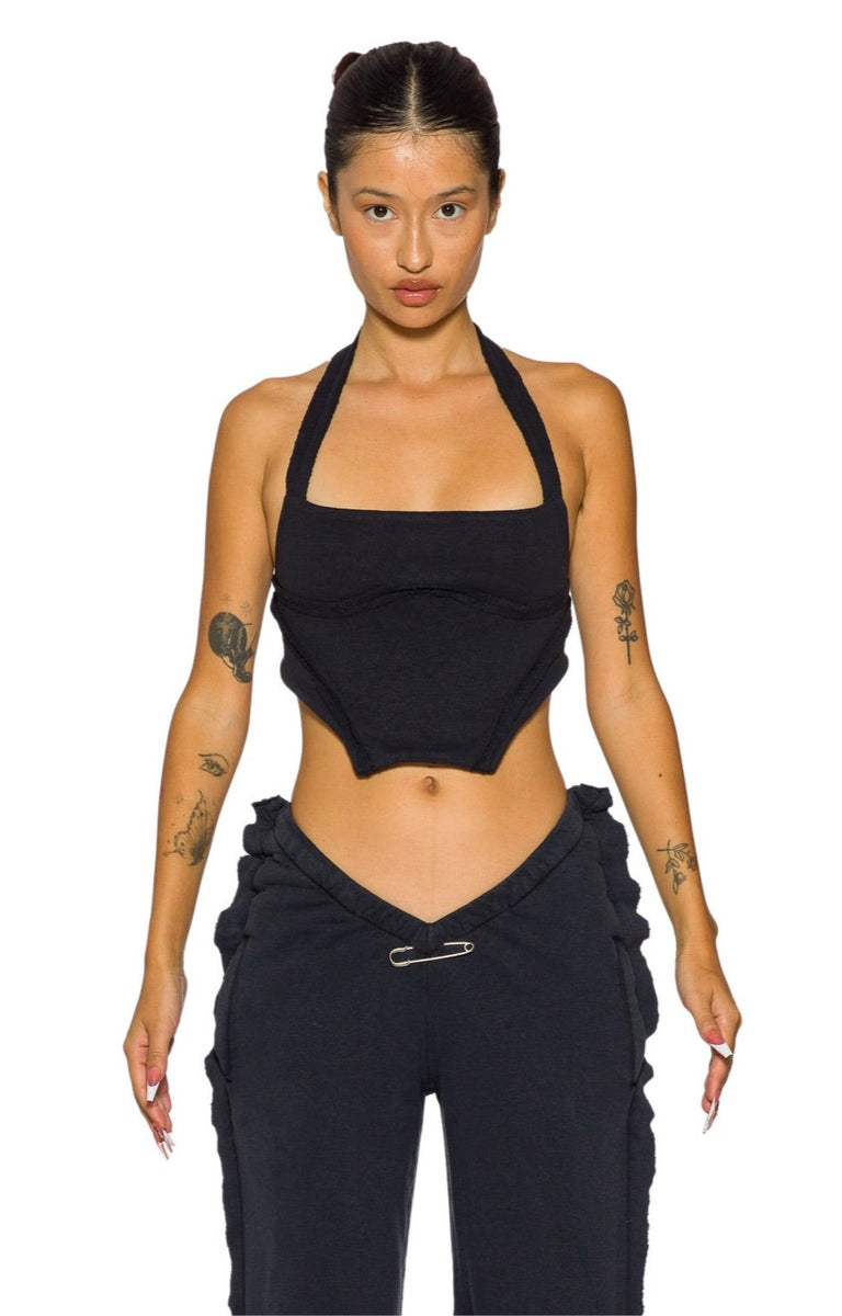 Sami Miro Vintage - Open Seam Backless Halter Top in Black Terry