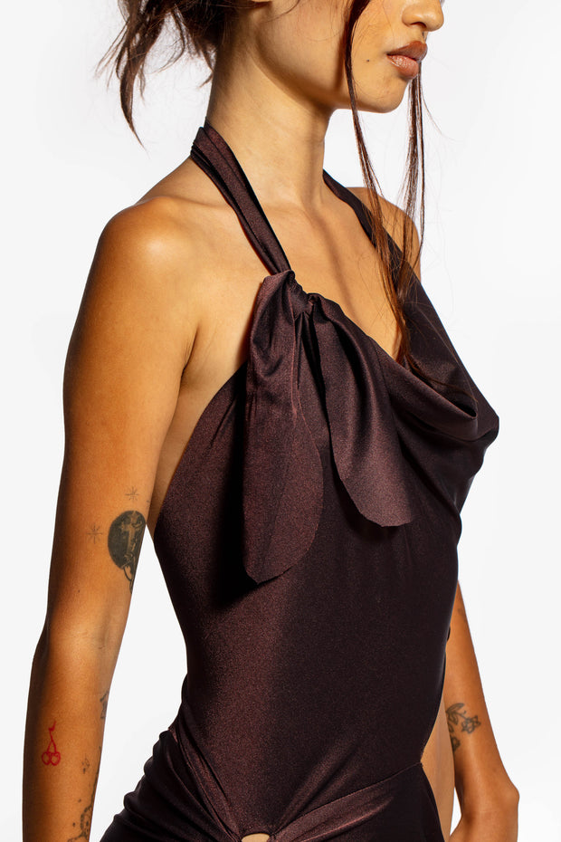 TIED UP ASYMMETRIC CUTOUT DRESS IN IRIDESCENT UMBER